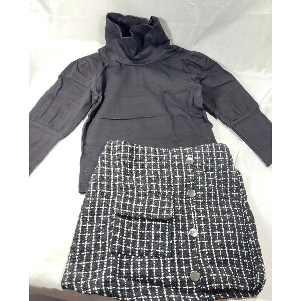Toddler Girl's Tweed Skirt Set w/ Turtleneck Top - Black & White - Size 2T/3T